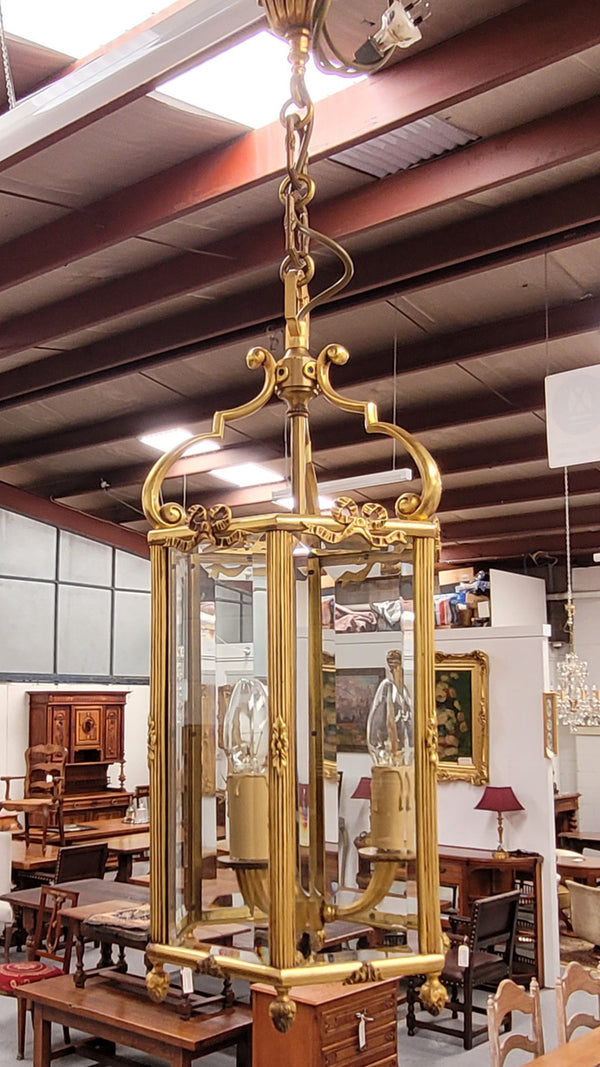 Charming three globe French bronze hexagonal ceiling light with beveled glass. Fully rewired to Australian standards and has been sourced from France. In good original condition.