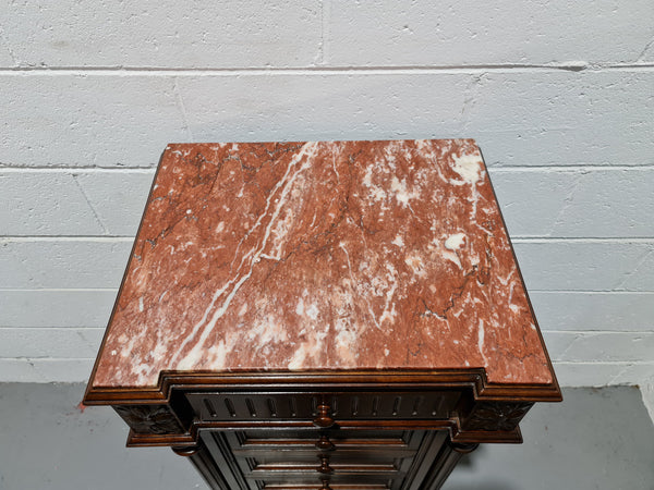 French Walnut Henry 2nd style three drawer one cupboard single side cabinet with rouge marble top. Circa: 1890. In Good original detailed condition.