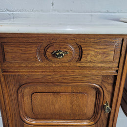 Pair of Louis XV style bedside cabinets with beautiful marble tops and one drawer and single cupboard for all your storage needs. In good original detailed condition.