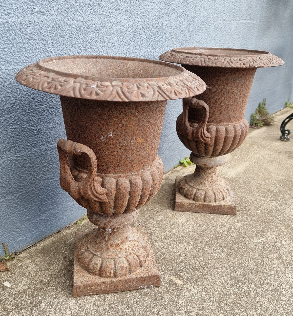Beautiful Pair of French Rustic Cast Iron Urns With Handles | Antique & Vintage | Moonee Ponds Antiques | Australia Wide Delivery