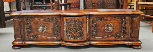 Appealing French Louis XVth style walnut converted TV unit.  Central carved  door & 2 Sliding Cupboards. In good condition.