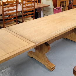 Stunning French Oak Farmhouse table with two extension leaves. When fully extended the table measures to a massive 339.5 cm long. Sourced from France and in good original detailed condition.