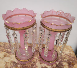 Large Victorian Pink Glass & Gilt Trim Crystals Lusters | Antique & Vintage | Moonee Ponds Antiques | Australia Wide Delivery