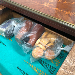 Beautiful french inlaid games table which includes internal drawers and bronze mounts. Internal drawers have counters and cards included.