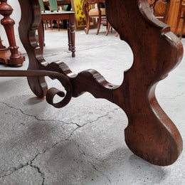 Amazing hard to find French Fruitwood Spanish style 3 meter dining table. Decorative iron work underneath and in good detailed original condition.