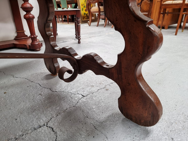 Amazing hard to find French Fruitwood Spanish style 3 meter dining table. Decorative iron work underneath and in good detailed original condition.