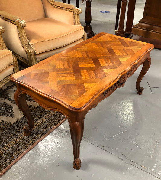 French Walnut parquetry top coffee table. In good original detailed condition. Circa: 1950's