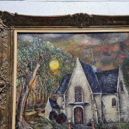Beautiful large signed French oil on canvas painting, depicting a church/landscape in original gilt frame.