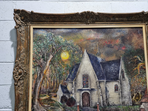 Beautiful large signed French oil on canvas painting, depicting a church/landscape in original gilt frame.