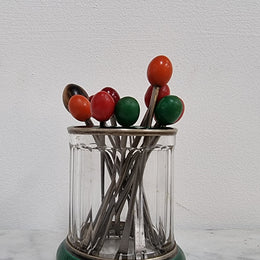 Rare French Silver, enamel and glass forks holder with 12 forks in good original condition, please view photos as they help form part of the description.
