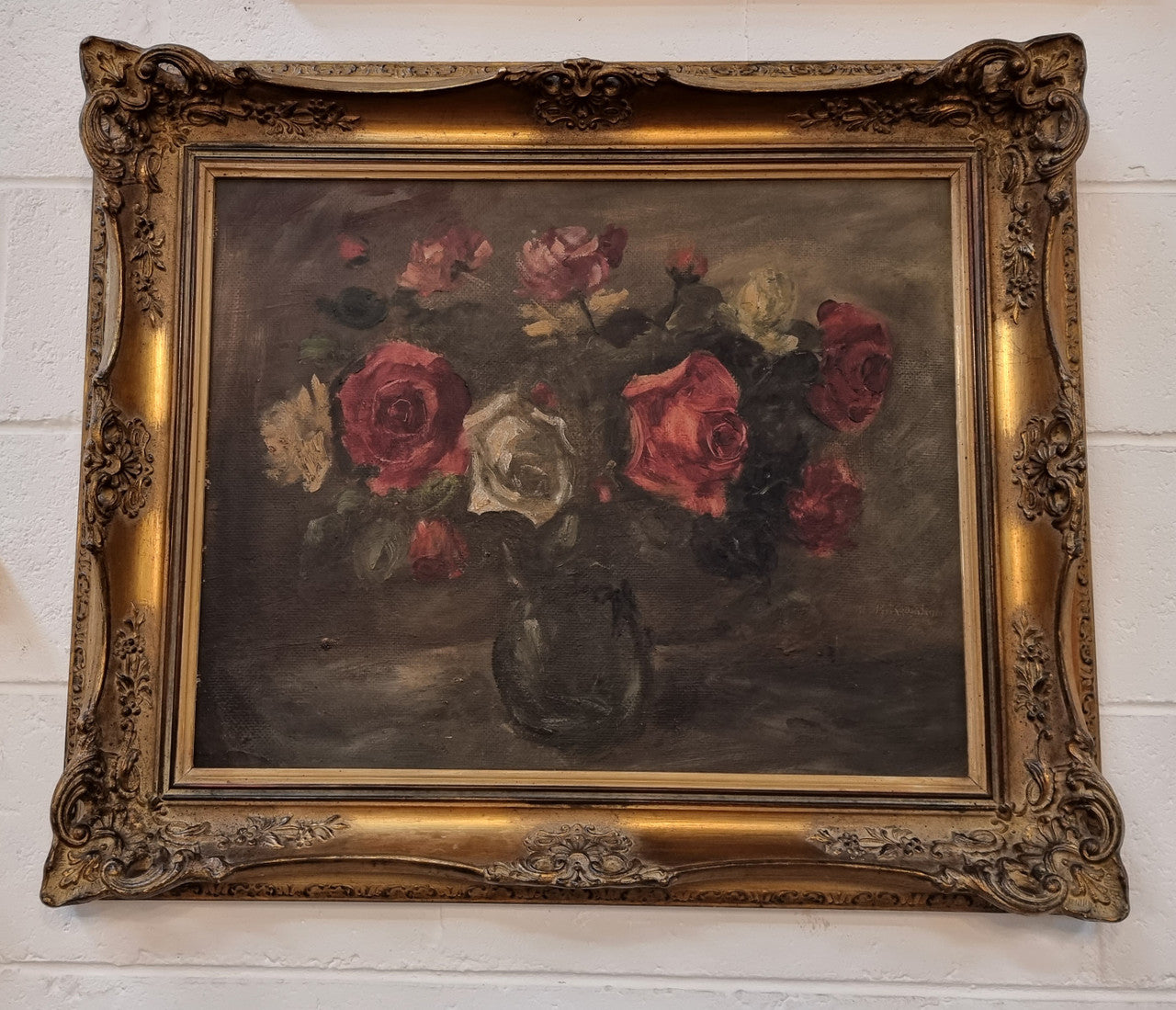 Beautiful Gilt Framed and Signed Oil on Board Depicting Roses in Floral Arrangement | Antique & Vintage | Moonee Ponds Antiques | Australia Wide Delivery