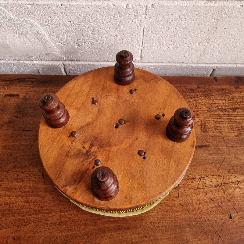 Vintage round upholstered buttoned footstool. Sourced locally and is in good original condition, please view photos as they help for part of the description.