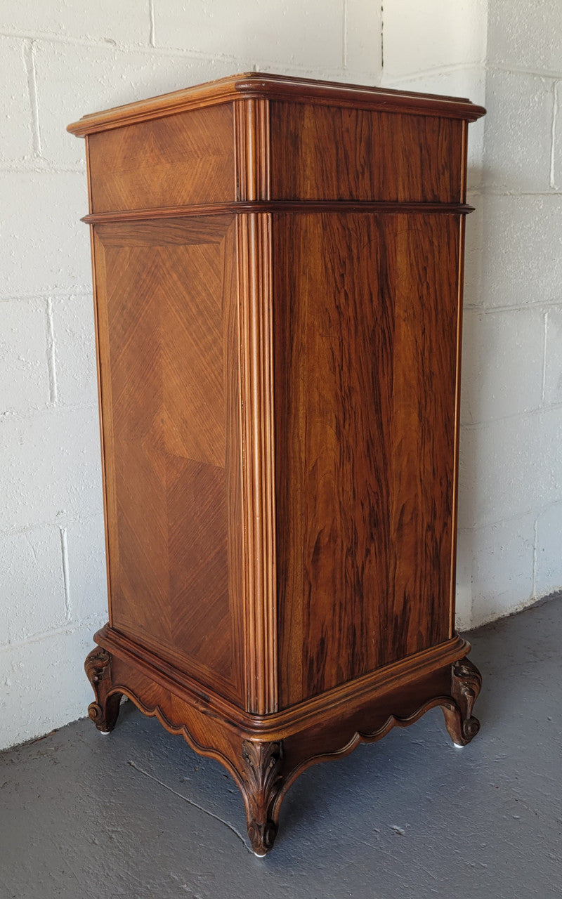 French Louis XV Walnut single side cabinet with inset marble top. Circa 1890 and in good original condition.