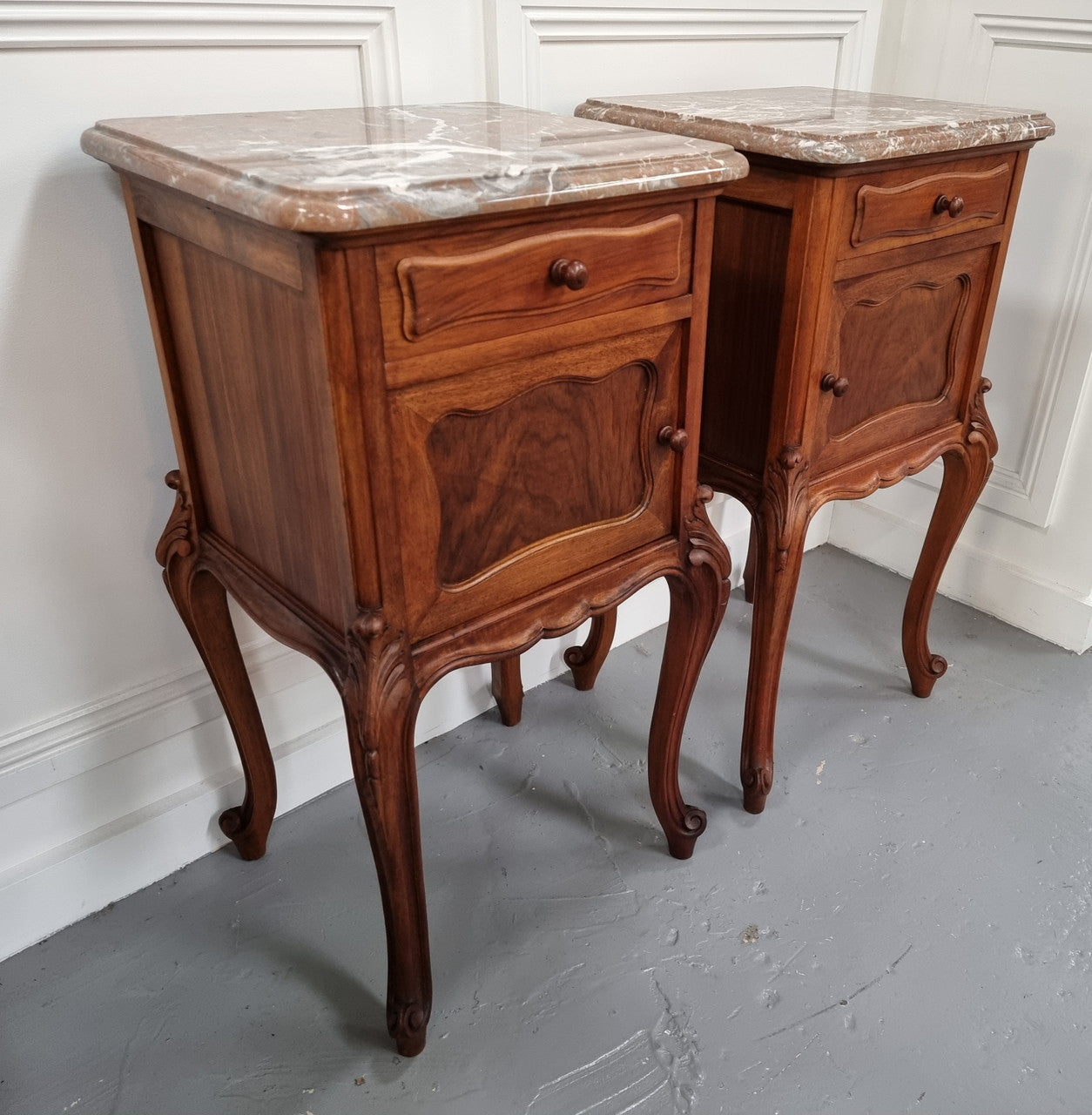 French Louis XVI Style Figured Walnut Marble Top Bedsides | Antique & Vintage | Moonee Ponds Antiques | Australia Wide Delivery