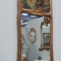 Stunning 19th Century French hand-painted wall mirror. The beautiful painted top panel of a couple in a lovely gold painted frame, in good original detailed condition.