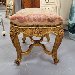 Charming 19th Century gilt wood tapestry covered Louis XV style stool. It has a beautifully carved base and undercarriage and it has been sourced from France. It is in good original detailed condition, please view photos of tapestry has they help form part of the description.