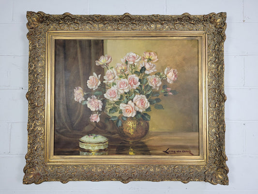 Delightful Gilt Framed signed oil on Canvas. Depicting bowl of Roses. In good original condition.
