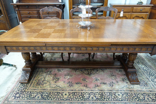 Large French Oak Square Parquetry Top Extension Table