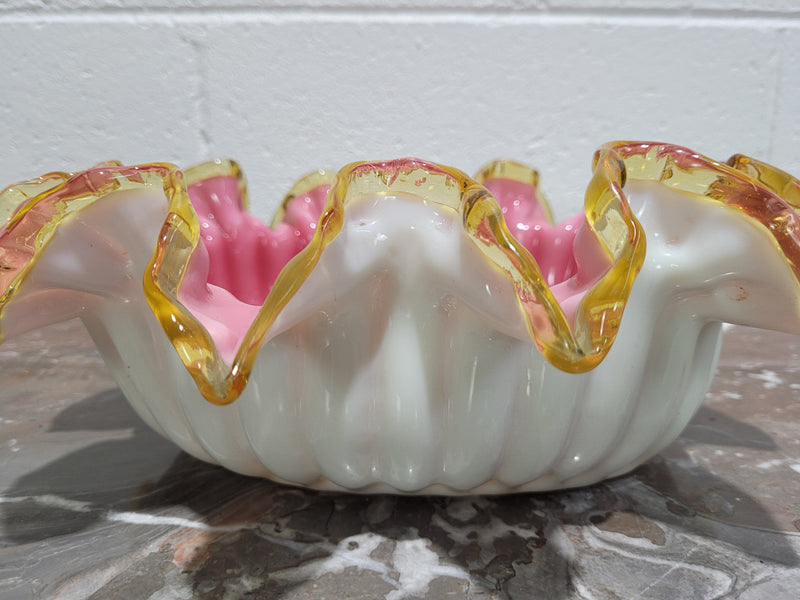Edwardian American large white/pink cased glass and yellow ruffled edged bowl. In good original condition with no chips.