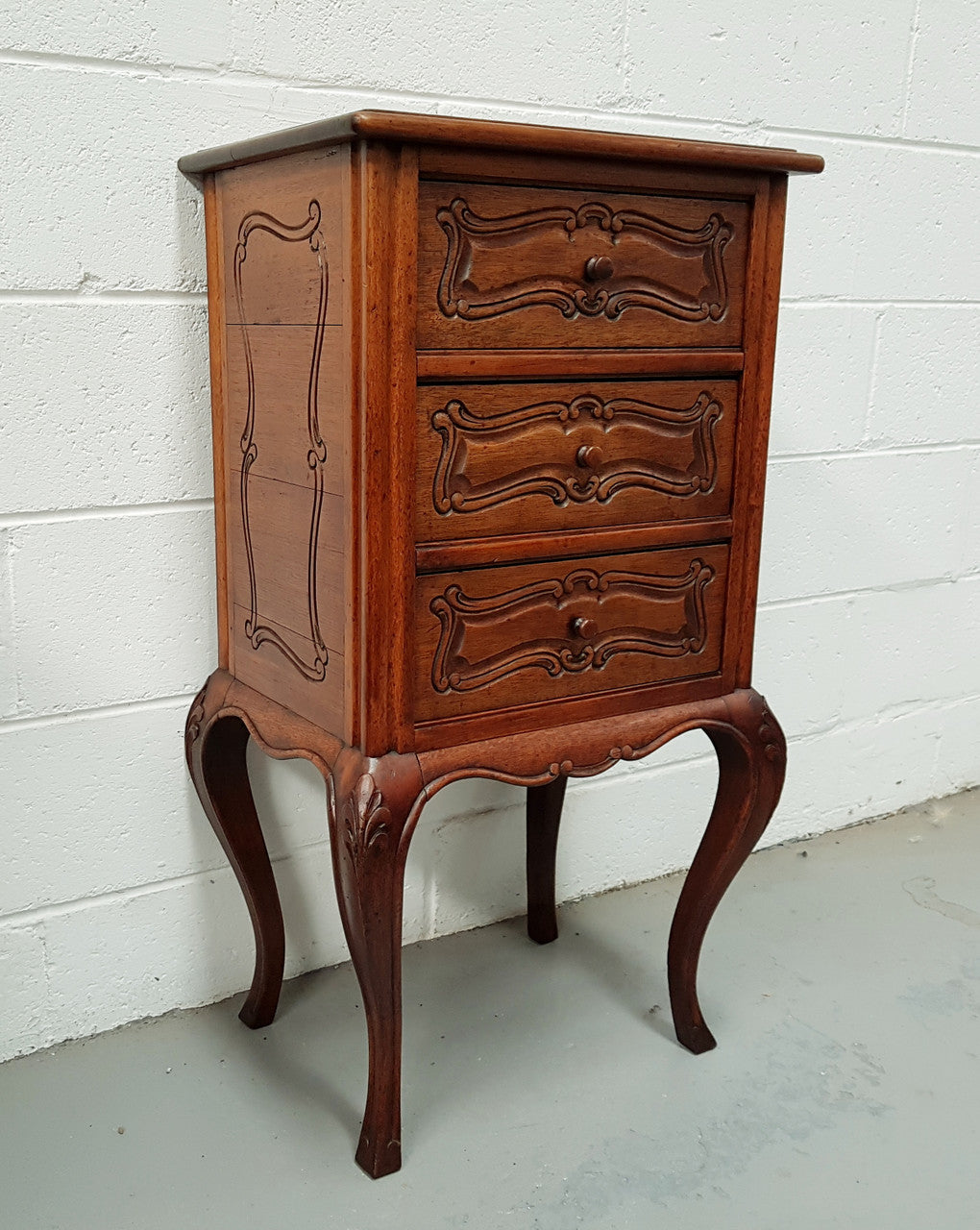 Antique French Oak Louis XV Style 3 Drawer Bedside Cupboard