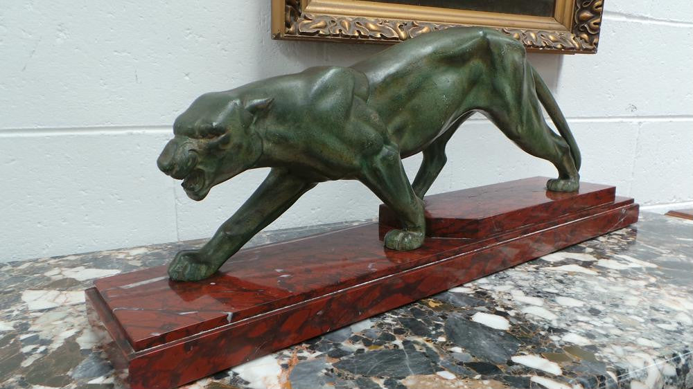 French Art Deco Panther Statue On Marble Base