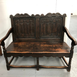 French 19th Century Oak hallway bench seat. Very comfortable to sit on and is in good original detailed condition.