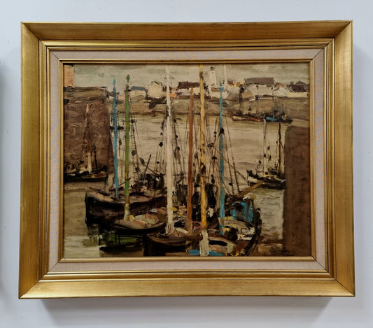 Fabulous signed Vintage boat scene oil on canvas painting in gilt frame. In good original detailed condition.