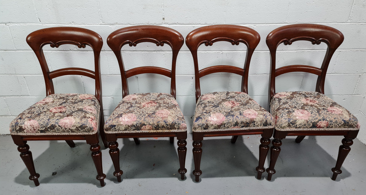 Set of Four Victorian upholstered cedar balloon back chairs. In good original detailewd condition, fabric is also in good used condition.