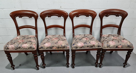 Set of Four Victorian upholstered cedar balloon back chairs. In good original detailewd condition, fabric is also in good used condition.