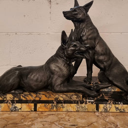 French Art Deco Statue Of Two German Shepherds On Marble Base