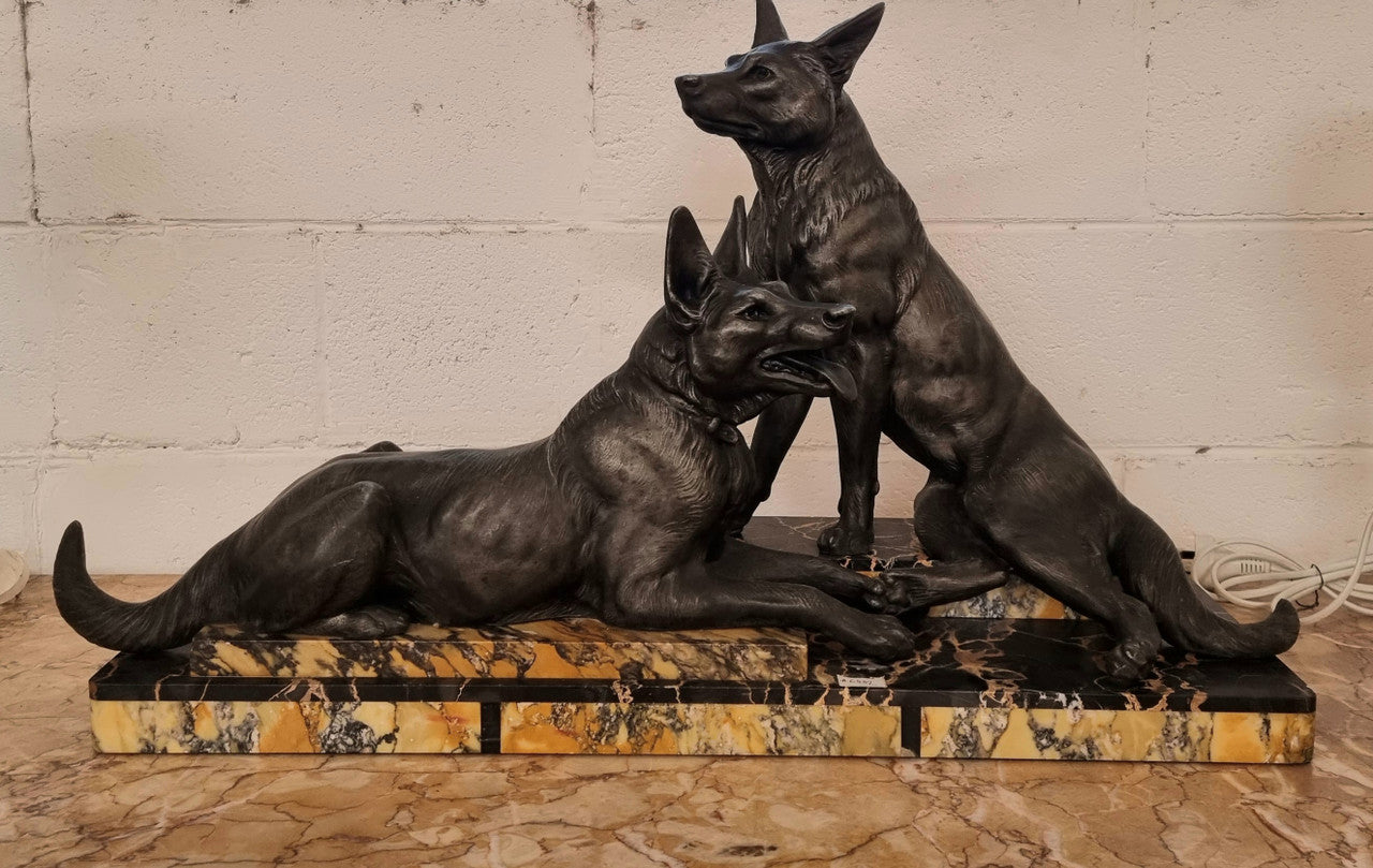 French Art Deco Statue Of Two German Shepherds On Marble Base