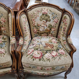 Pair of amazing French Walnut tapestry covered armchairs. The tapestry is in very good condition, please view photos as they form part of the description. Sourced from France and is in good original detailed condition.
