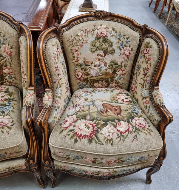 Pair of amazing French Walnut tapestry covered armchairs. The tapestry is in very good condition, please view photos as they form part of the description. Sourced from France and is in good original detailed condition.