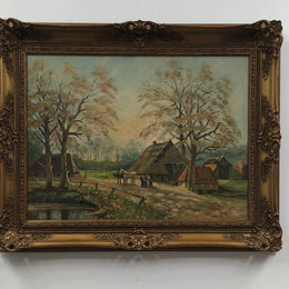 Sourced in france is this beautiful signed Dutch oil on canvas of a farm scene framed in a ornate frame. In good original condition.