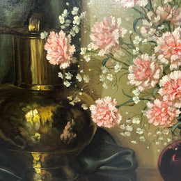 A signed oil on canvas painting of Carnations flowers in an ornate gilt original frame. Circa 1900's in good original condition.