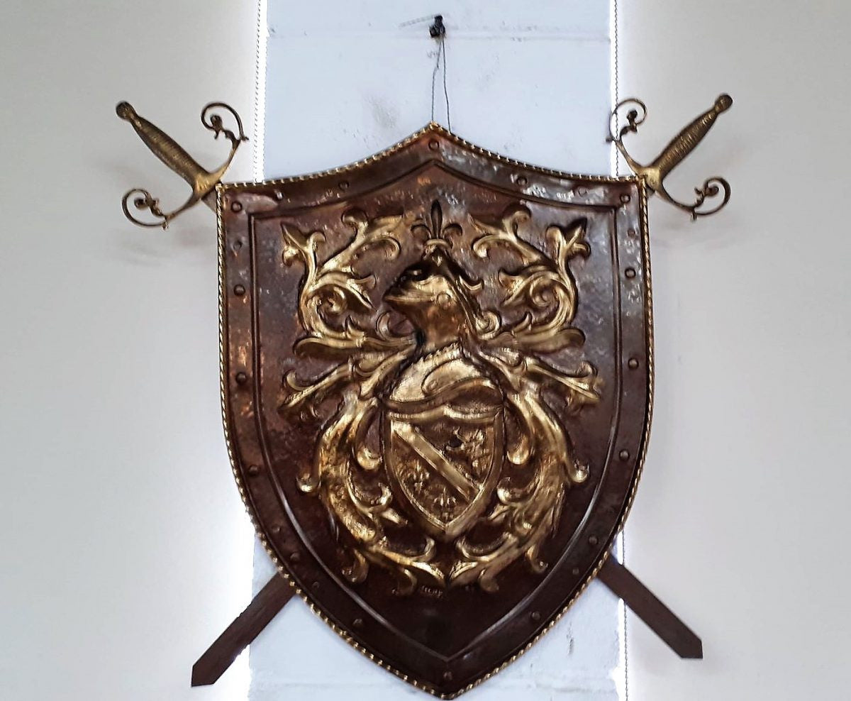 Antique Embossed Copper Shield with Swords