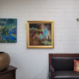 A beautiful Framed oil on canvas in vibrant colours and framed in a lovely gold frame. This piece is signed by artist John Cumming from "The Mill Gallery" and still has its original gallery card as shown in picture. It is in good original condition.