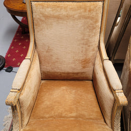 Pair of Louis XVI style painted arm chairs with carving & fluted legs. They have been sourced from France and the fabric is in good used original condition. Please view photos as they help form part of the description.