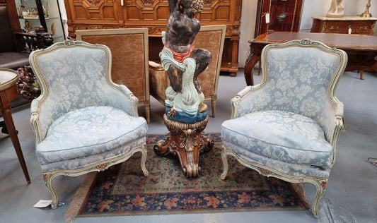 Pair of stunning Louis XV painted with blue upholstery bergere chairs. Very comfortable to sit in and fabric is in good condition, please view photos as they help form part of the description.