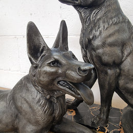 French Art Deco Statue Of Two German Shepherds On Marble Base