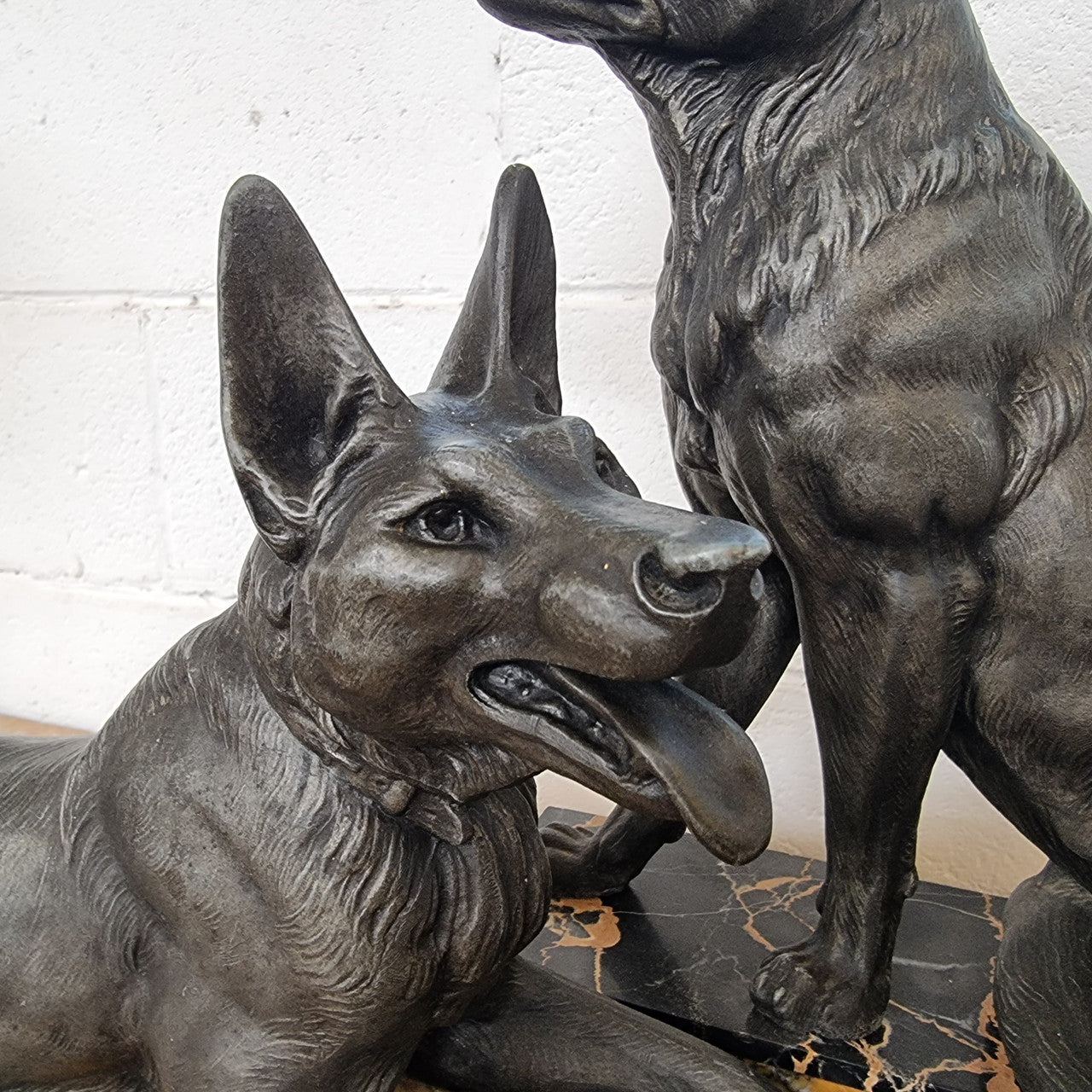French Art Deco Statue Of Two German Shepherds On Marble Base