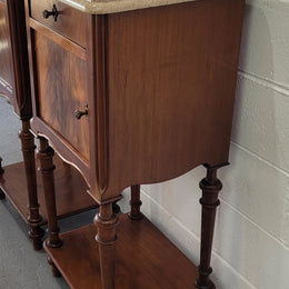 Pair of Louis XVI style walnut bedsides with attractive marble. They have one drawer, one cupboard and are in good original detailed condition.