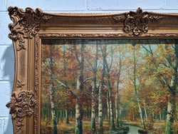 Large French Signed Oil Painting Autumn Trees on Stream Scene In Gilt Frame | Antique & Vintage | Moonee Ponds Antiques | Australia Wide Delivery