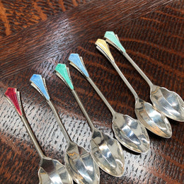 Set Of Six English Art Deco Silver And Enamel Spoons