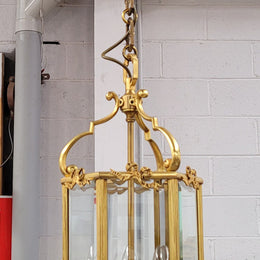 Charming three globe French bronze hexagonal ceiling light with beveled glass. Fully rewired to Australian standards and has been sourced from France. In good original condition.