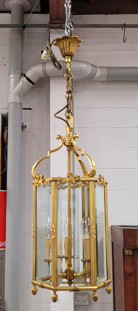 Charming three globe French bronze hexagonal ceiling light with beveled glass. Fully rewired to Australian standards and has been sourced from France. In good original condition.