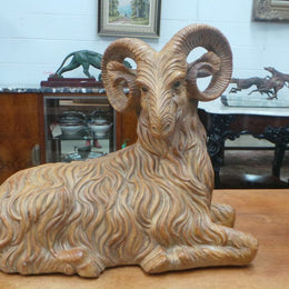 A Majolica Glazed Terracotta Ram Statue Of Large Proportions