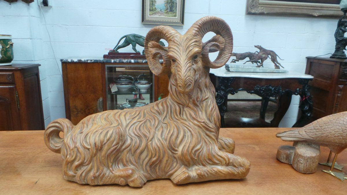 A Majolica Glazed Terracotta Ram Statue Of Large Proportions