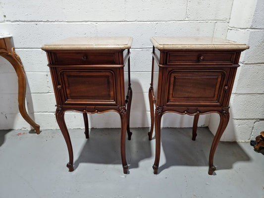 Pair of Louis XV Style Marble Top Walnut Bedside Cabinets