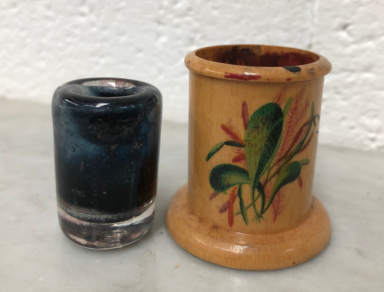 Antique Hand-Painted Treen Inkwell